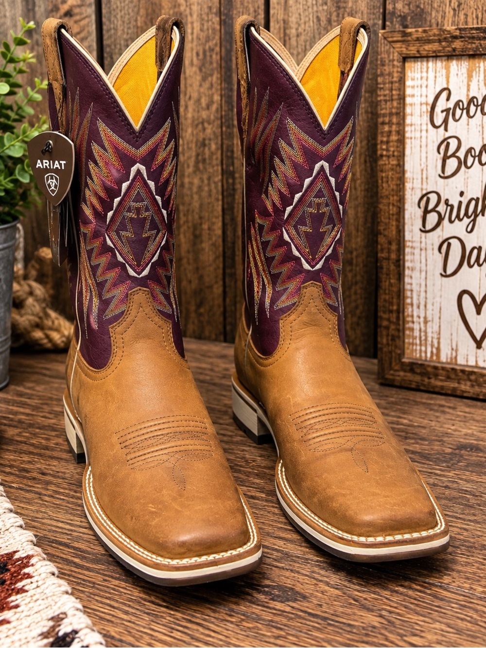 Ariat Cushioned Sole Men’s Brown  With Red/Gold Stitch Western Cowboy Boots